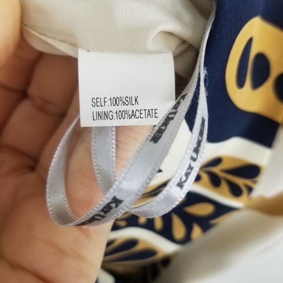 Kay Unger Silk Abstract Paisley Dress 2 A Line Sleeveless V Neck Pleated Navy - Picture 9 of 9